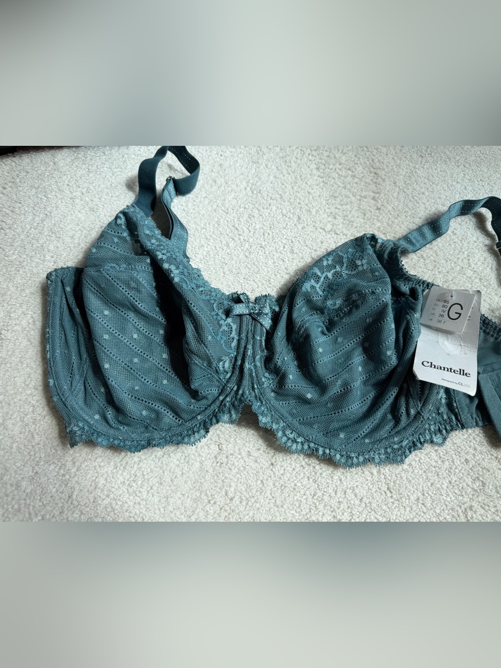 NWT chantelle lace underwire bra size 36DDDD teal color